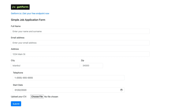 html form templates: Simple Job Application Form by Getform