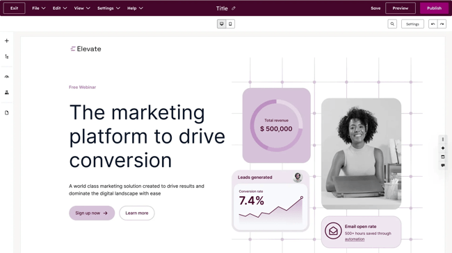 b2b seo tools: HubSpot Content Hub drag-and-drop editor building a marketing landing page
