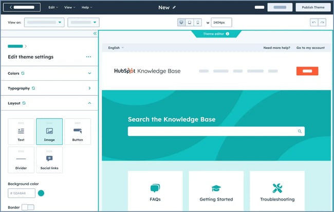 HubSpot Knowledge Base interface showing search bar and resource categories including FAQs, Getting Started, and Troubleshooting