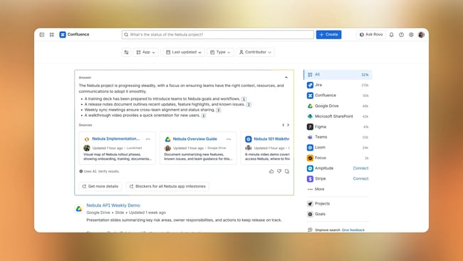 Confluence search interface displaying project status query results with sources, linked documents, and integration options