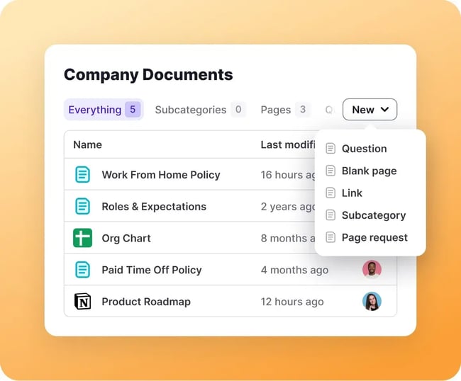 Tettra knowledge base document list showing company policies and resources with creation menu options