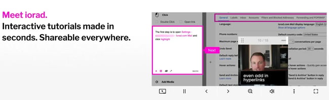 Iorad interactive tutorial showing step-by-step email settings configuration with clickable highlights and navigation controls