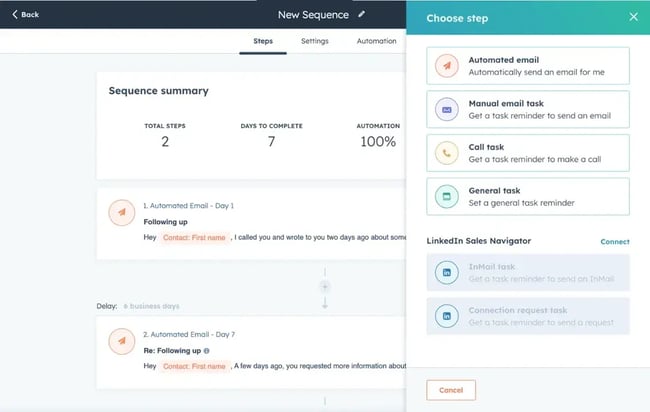 HubSpot sales sequence builder showing automated email steps, task reminders, and workflow configuration options