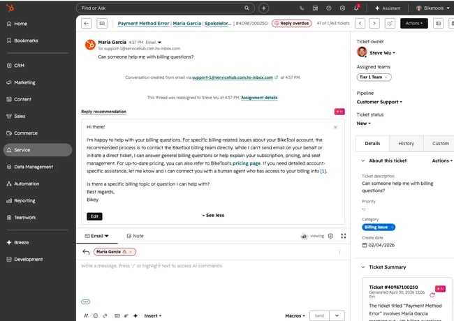 hubspot service desk ticket view with ai reply recommendation and customer support details panel, service desk analytics
