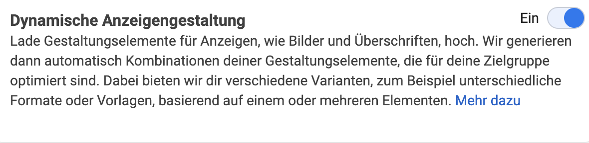 Screenshot Screenshot Facebook Werbeanzeigenmanager zu dynamischen Anzeigegestaltungen