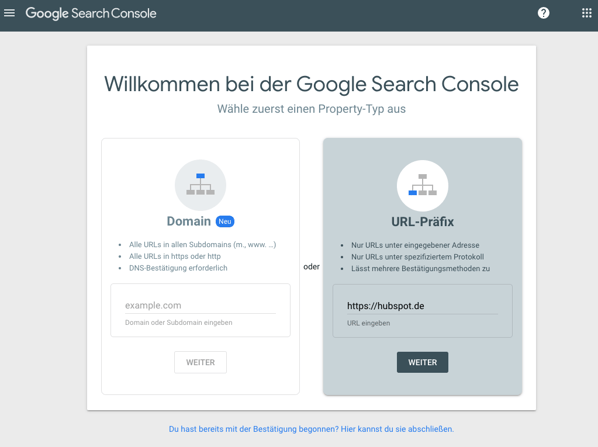 willkommensbildschirm der Google Search Console domain vs URL präfix auswählen
