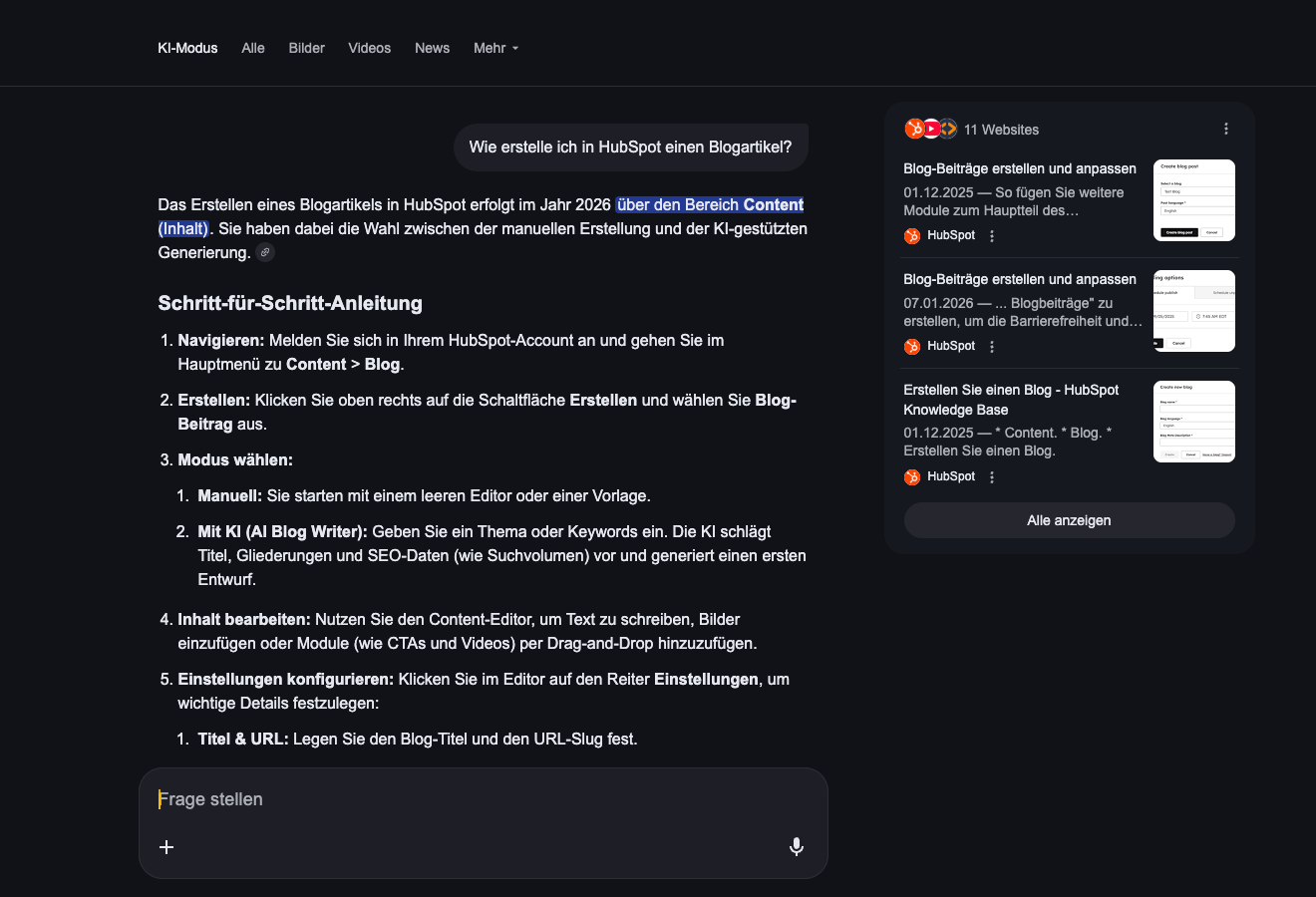 Screenshot aus dem Google AI Mode, um zu demonstrieren was AEO ist