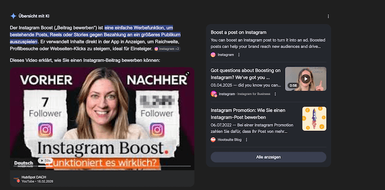 Screenshot eines Google AI Overviews mit der Suche Was ist der Instagram Boost und einem Suchergebnis von HubSpot
