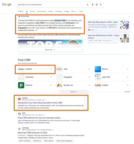 Screenshot von einer Google Suche zum besten CRM-System fuer kleine Unternehmen