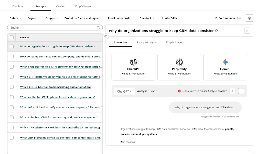 Screenshot aus HubSpot AEO mit der Filterung von Prompts nach Quelle
