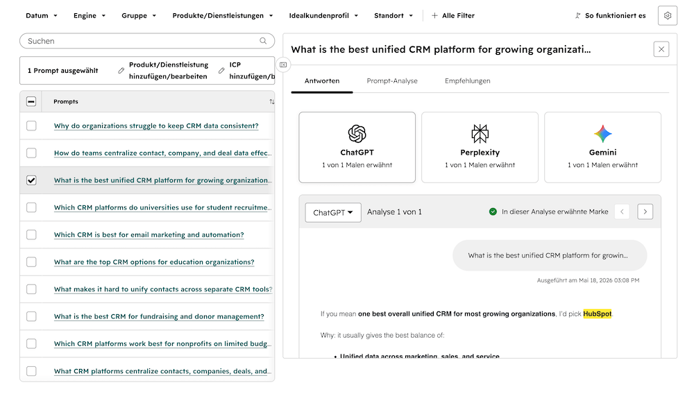 Screenshot aus HubSpot-AEO; Prompt-Analyse nach KI-Engine.