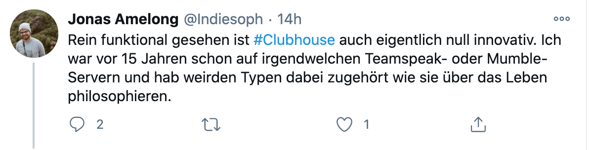 Jonas Amelongs Tweet zu Clubhouse