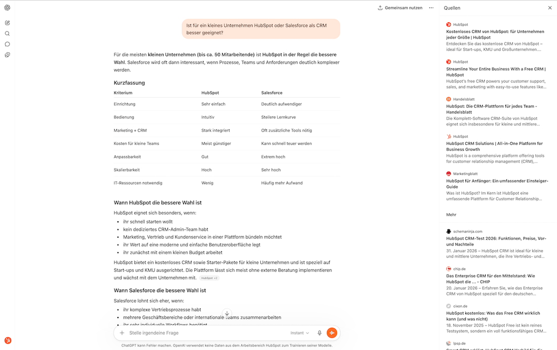 Screenshot aus ChatGPT zu der Frage nach dem besseren CRM fuer kleine Unternehmen