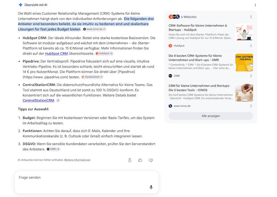Screenshot eines Google AI Overviews