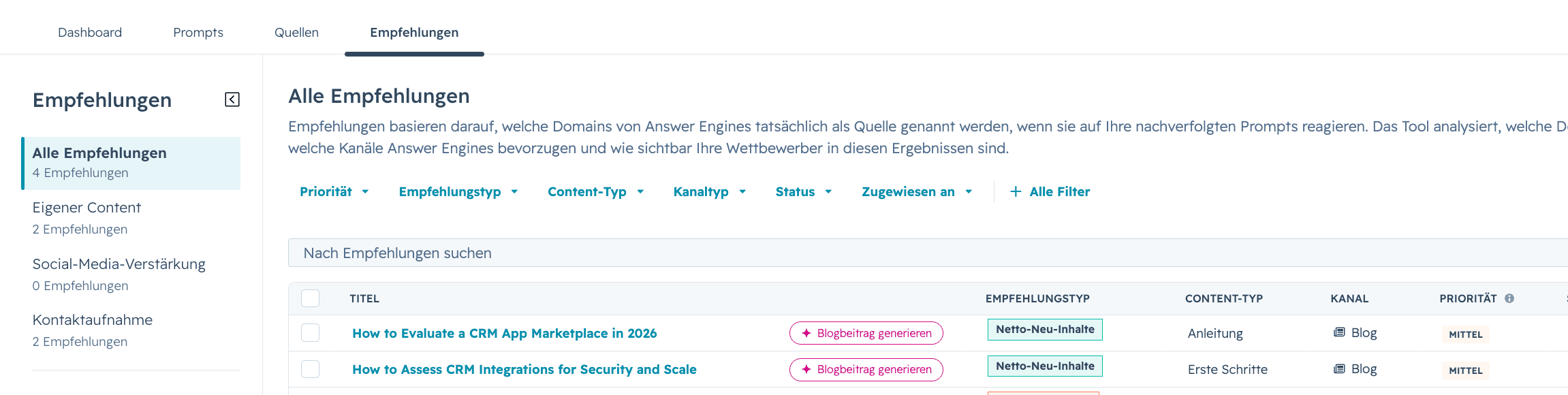 Screenshot aus dem HubSpot AEO-Tool: Content-Empfehlungen