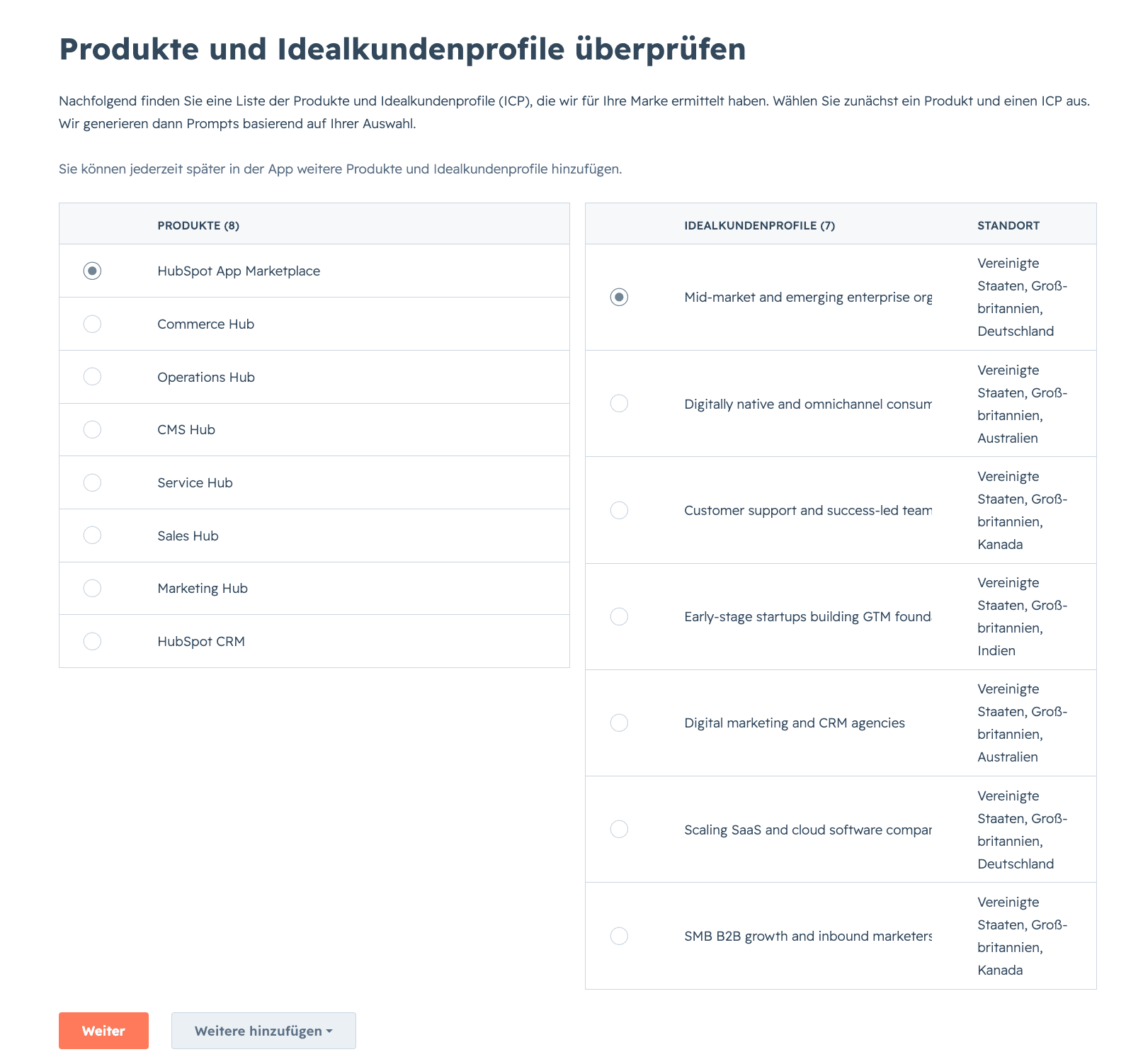 Screenshot aus dem HubSpot AEO-Tool: Produktauswahl und Idealkundenprofile