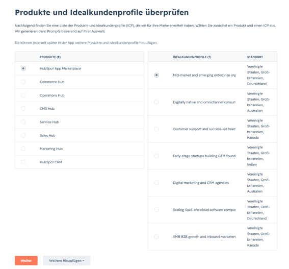 Screenshot aus dem HubSpot AEO-Tool: Produktauswahl und Idealkundenprofile