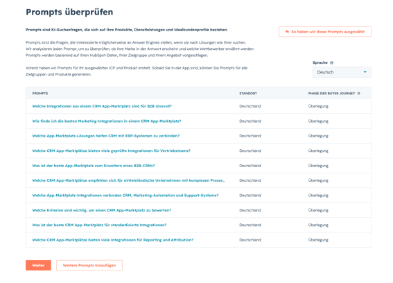Screenshot aus dem HubSpot AEO-Tool: Prompts generieren