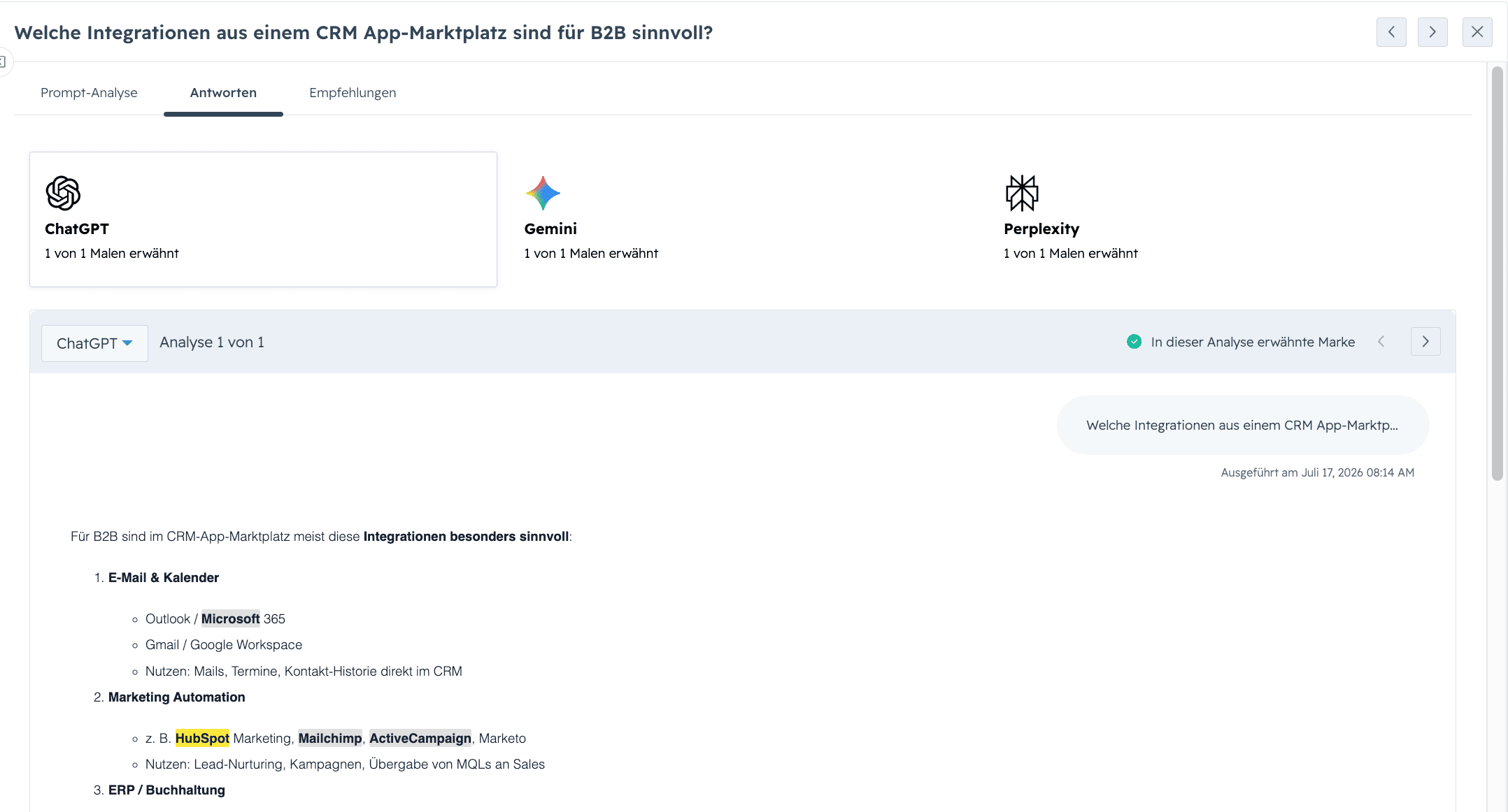 Screenshot aus dem HubSpot AEO-Tool: Promptsanalyse