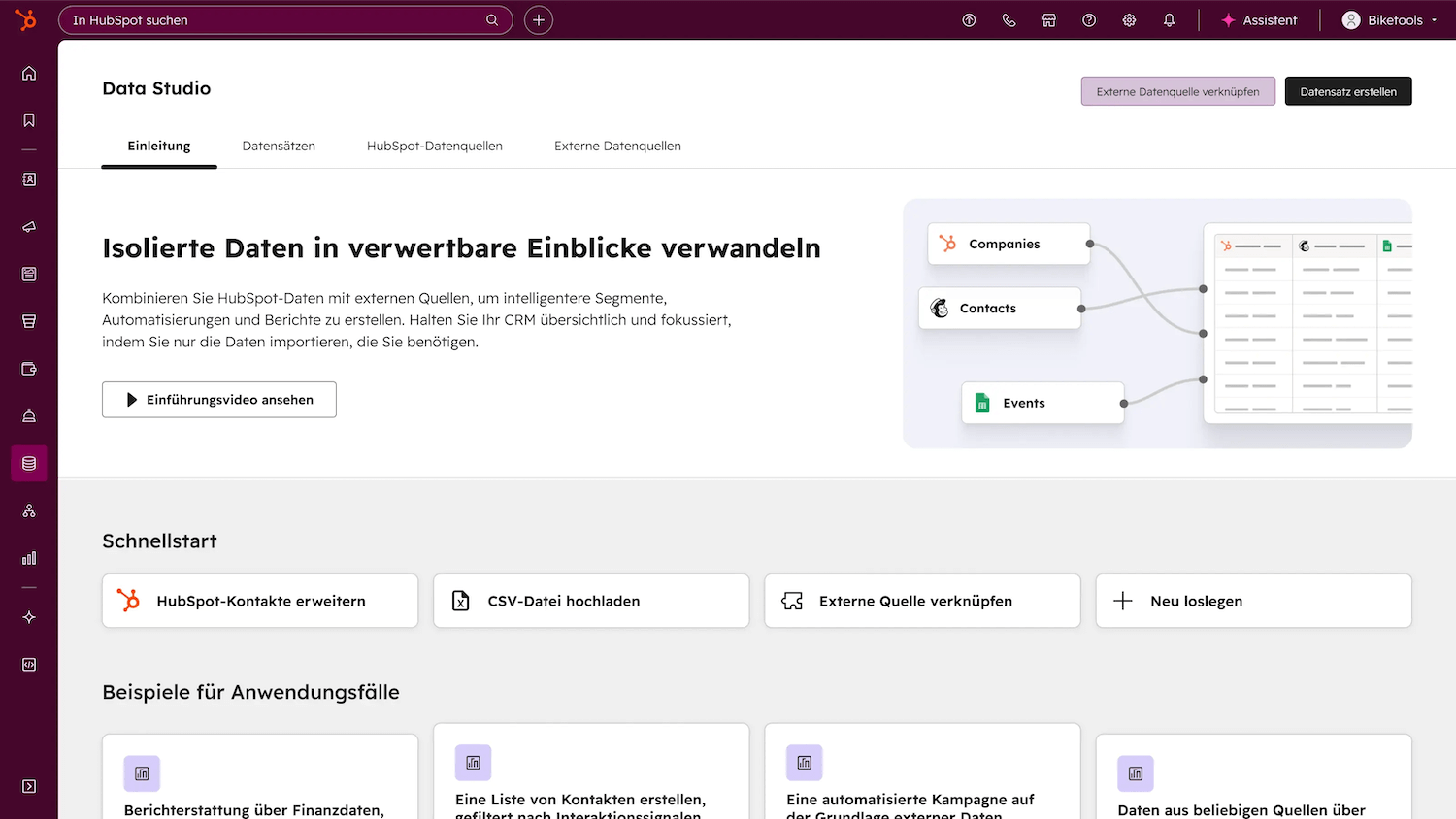 Screenshot aus dem HubSpot Data Hub, der isolierte Daten in verwertbare Einblicke verwandelt