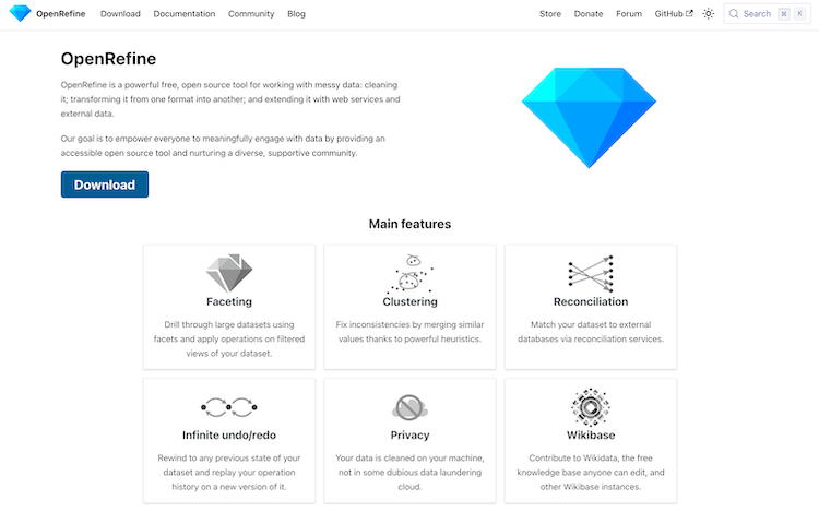 Screenshot der OpenRefine Website, ein Tool für bessere Datenqualitaet