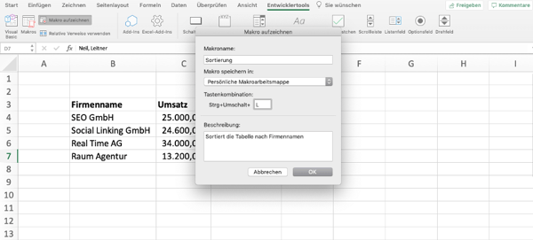 Makronamen in Excel vergeben