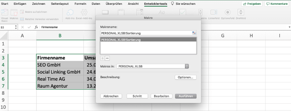 Makro in Excel auswählen