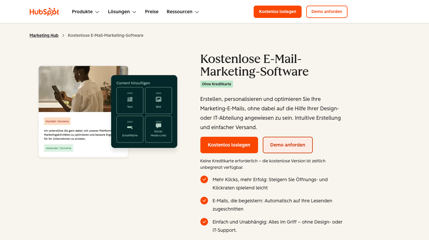 Screenshot der Produktseite von HubSpots E-Mail-Tool