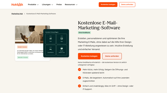 Screenshot der Produktseite von HubSpots E-Mail-Tool