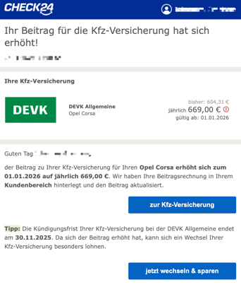 Screenshot einer Mail von Check24 mit guter E-Mail-Personalisierung