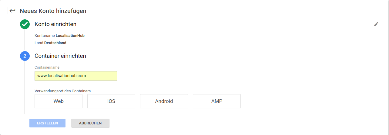 Screenshot Google Tag Manager - Konto einrichten