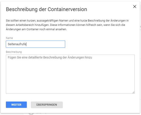 Screenshot Google Tag Manager - Tag beschreiben