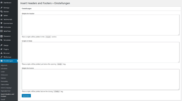 HTML-Code einbinden über das Plugin Insert Headers and Footers