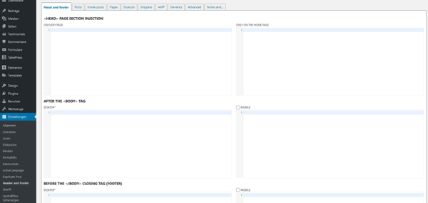 HTML-Code einbinden über das Plugin Head, Footer and Post Injections