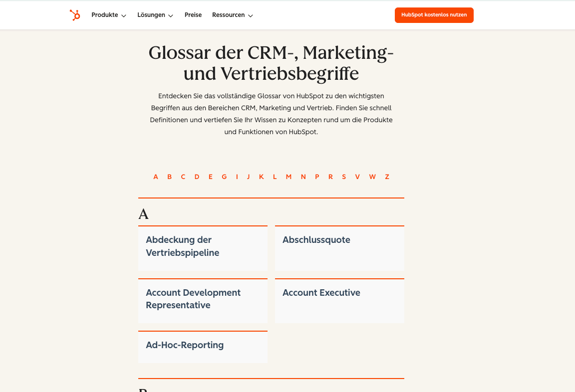 Screenshot der ersten Seite des HubSpot Glossar für Marketing-Begriffe