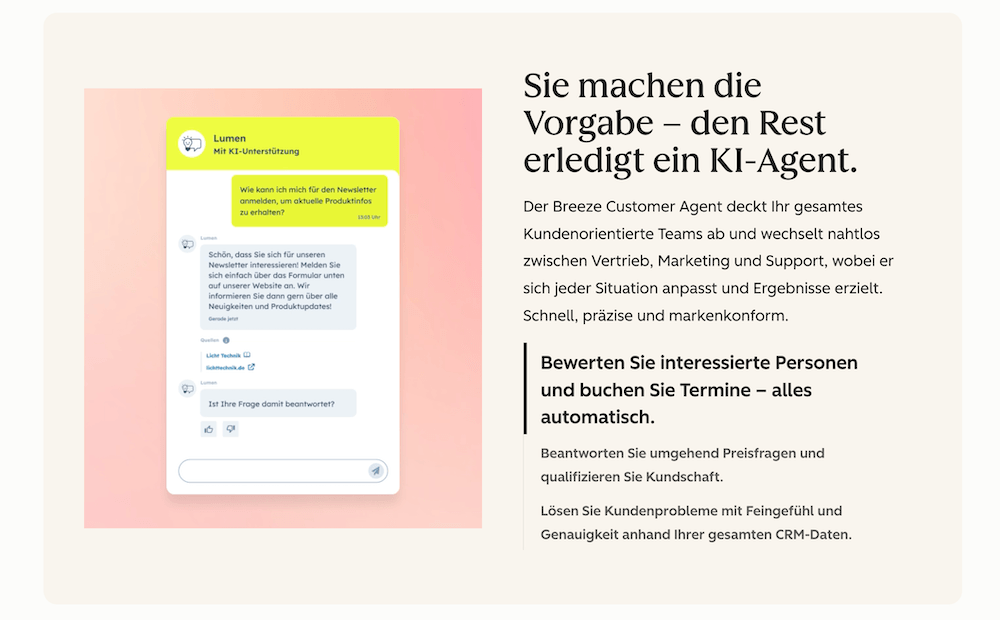 Screenshot der Customer Agent Website