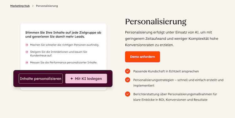 Screenshot der HubSpot Website zum Personalisierung