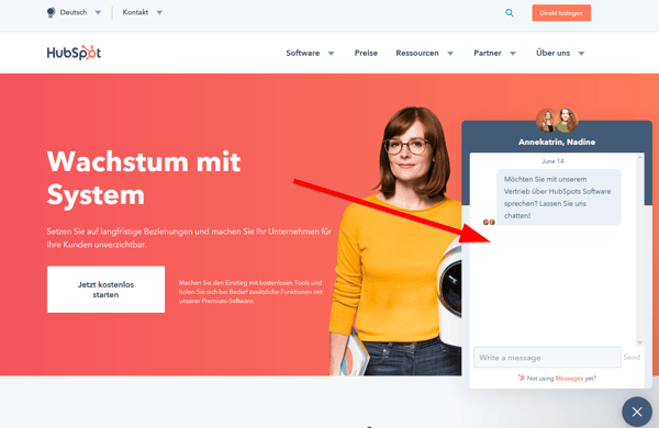 Beispiel eines Live-Chat-Fensters auf der HubSpot-Website