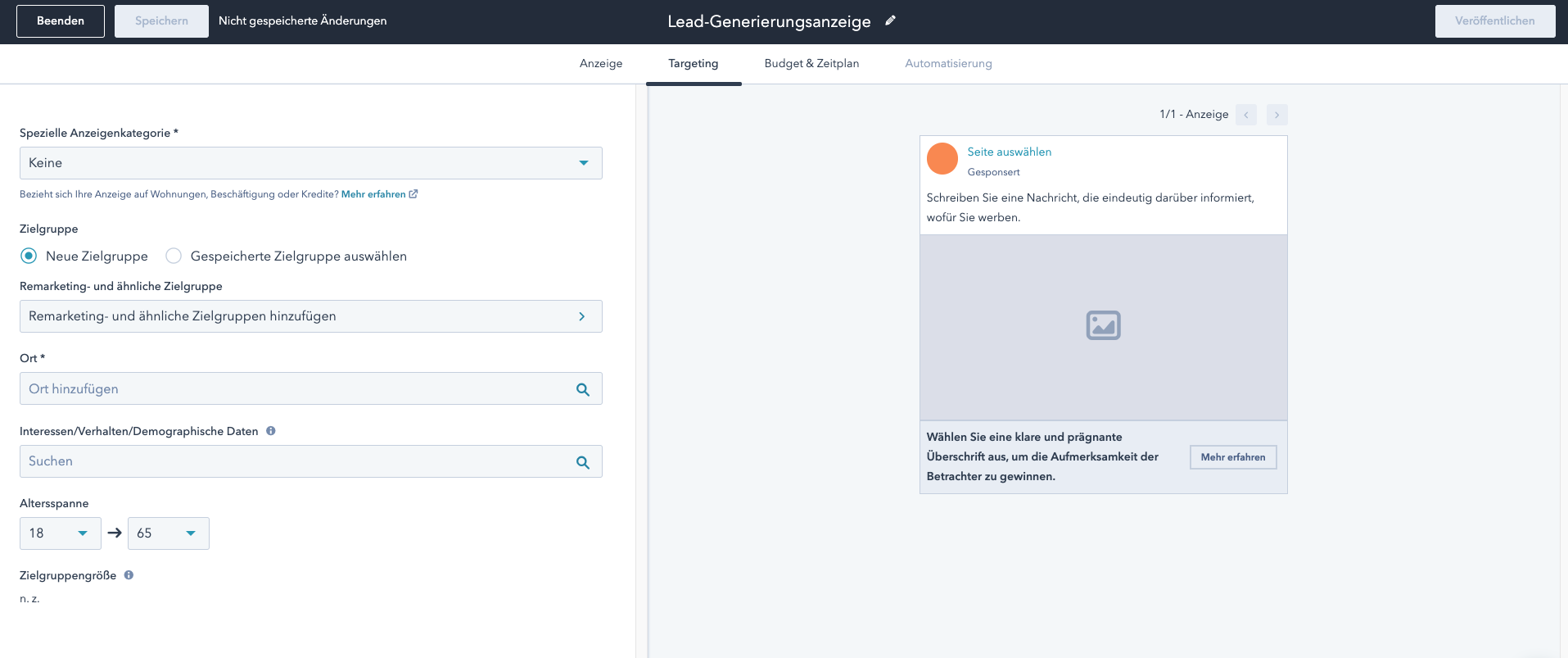 Screenshot HubSpot Facebook Werbeanzeigenmanager