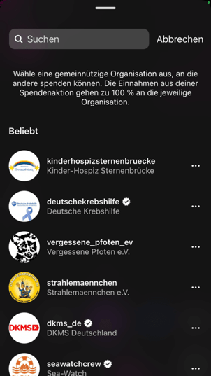 Instagram_Live Symbol „Spendenaktion“ auswählen