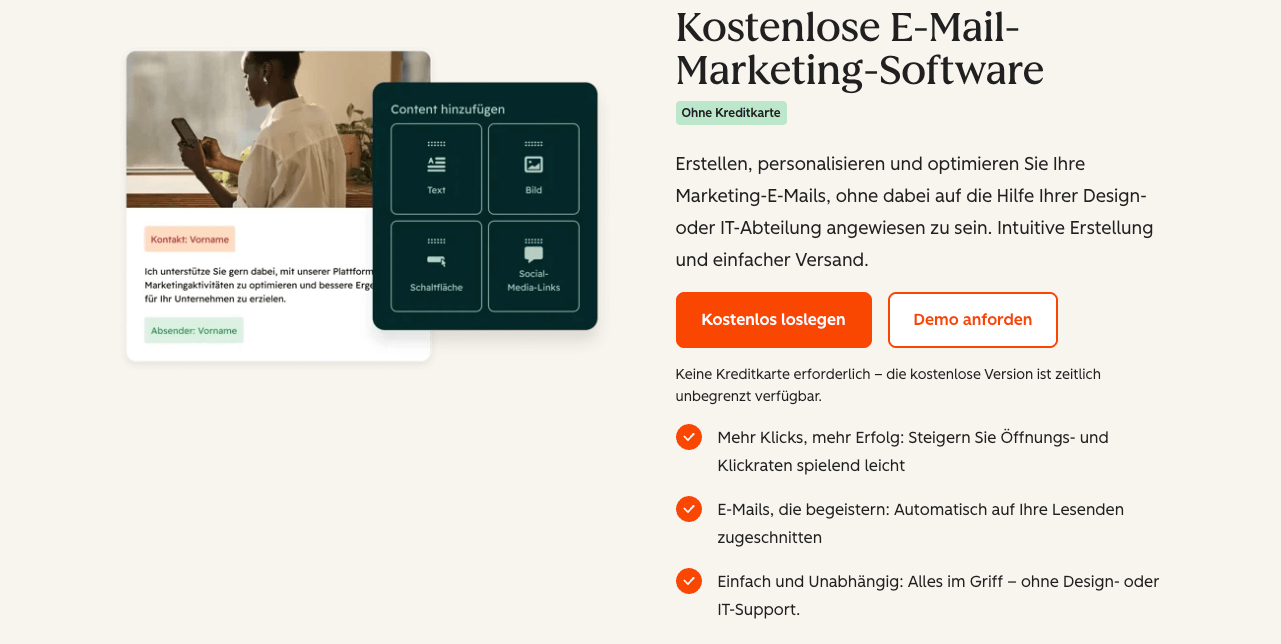 Screenshot der HubSpot-Produktseite für das kostenlose E-Mail-Tool