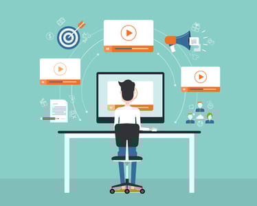 Grafik von einem Mann der am Computer sitzt und mit einem Open Source CMS arbeitet