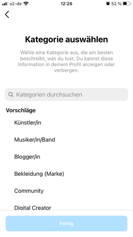Instagram business kategorie wählen