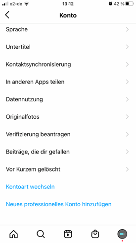 Instagram Konto auswählen