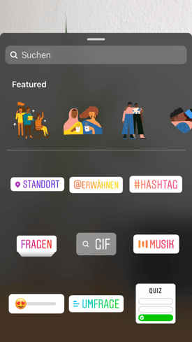 weitere optionen in einer instagram story: standort, erwähnungen, hashtag, fragen, gif, musik und umfragen