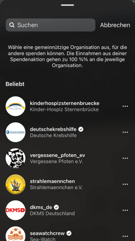 spendenaktionen im instagram live auswählen und unterstützen