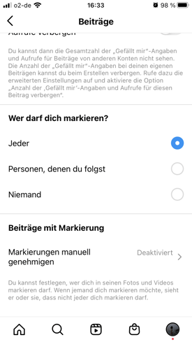 bestimmen, wer mich markieren darf auf instagram