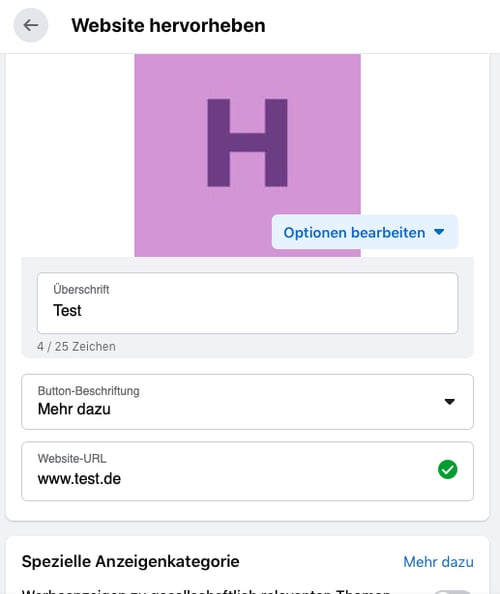 screenshot einer werbeanzeigen auswahl in facebook, website hervorheben