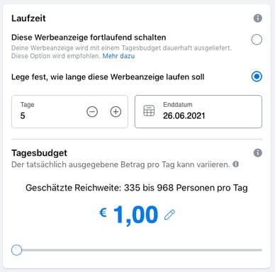festlegen wie lange die anzeige laufen soll und zu welchem tagesbudget