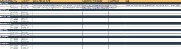 Screenshot aus dem HubSpot Social Media Redaktionsplan in Excel fuer Instagram